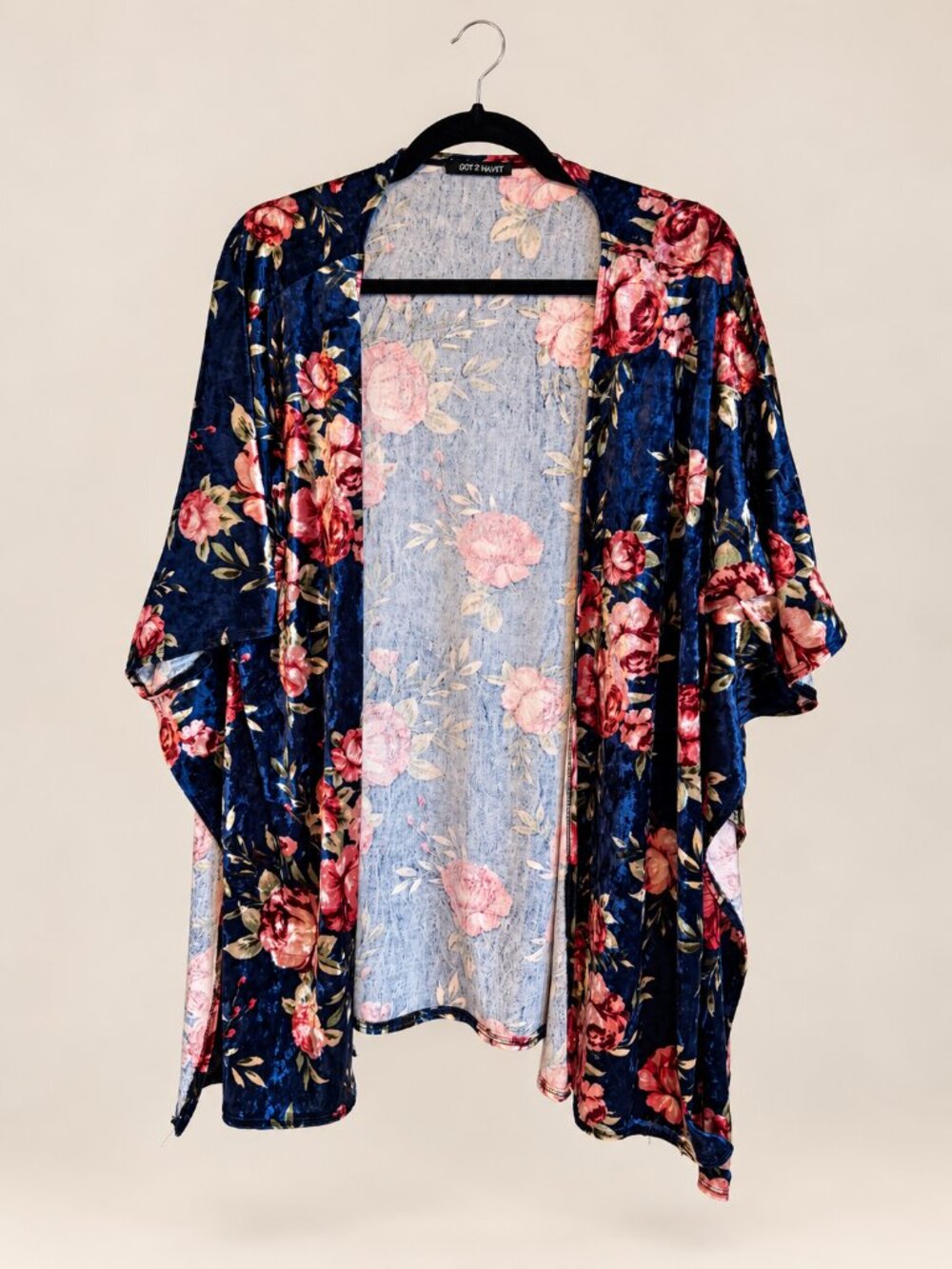 Got 2 Havit Navy Floral Crushed Velvet Open Front Kimono Duster